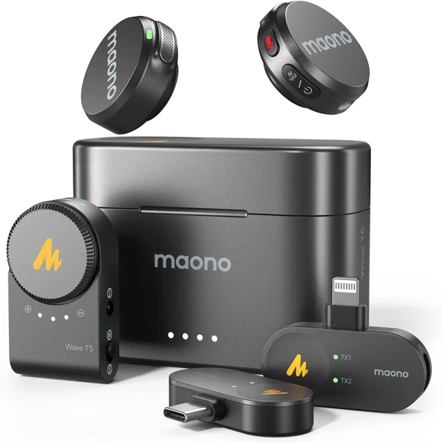 میکروفون یقهای بیسیم مائونو مدل Wave T5 WM650 Combo نسخه Type-C، Lightning و Camera با کیس شارژ